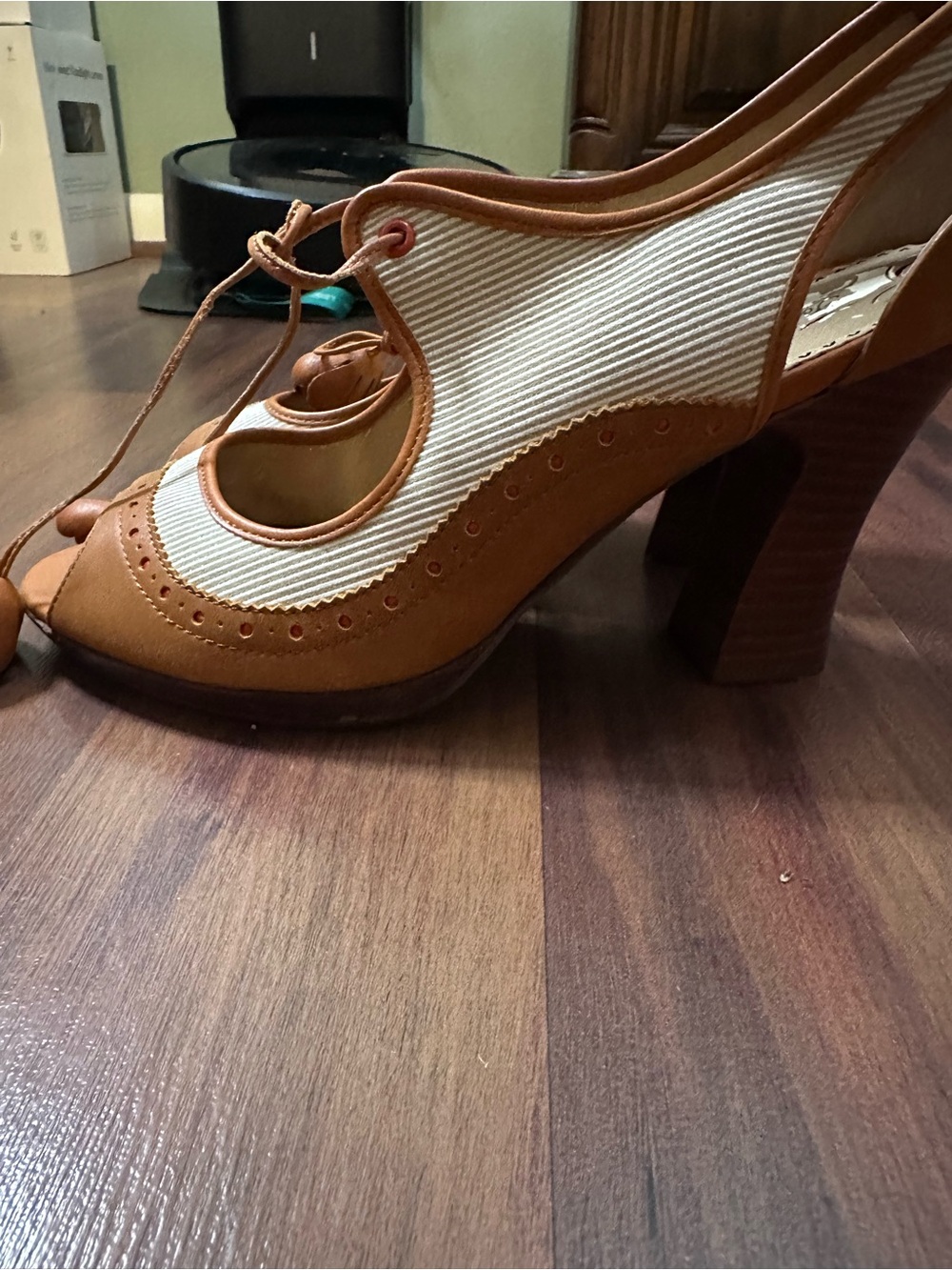 Poetic License Tan & Cream Peep-Toe Lace-Up Heels - Picture 5 of 7
